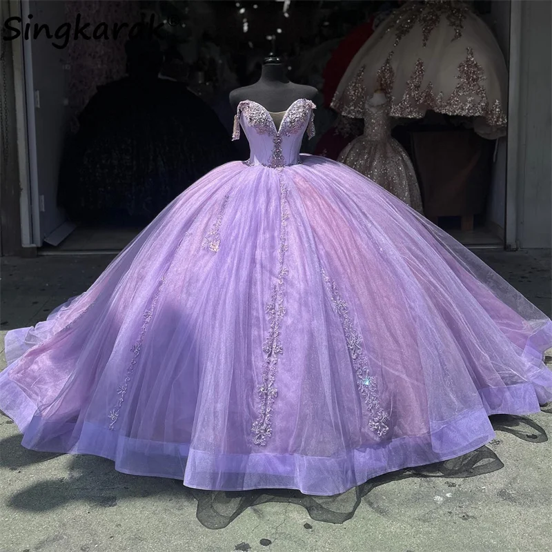 

Elegant Lavender Sweet 16 Ball Gown Quinceanera Dress Off Shoulder Beads Crystals Flower Lace Appliques Vestidos De 15 Años