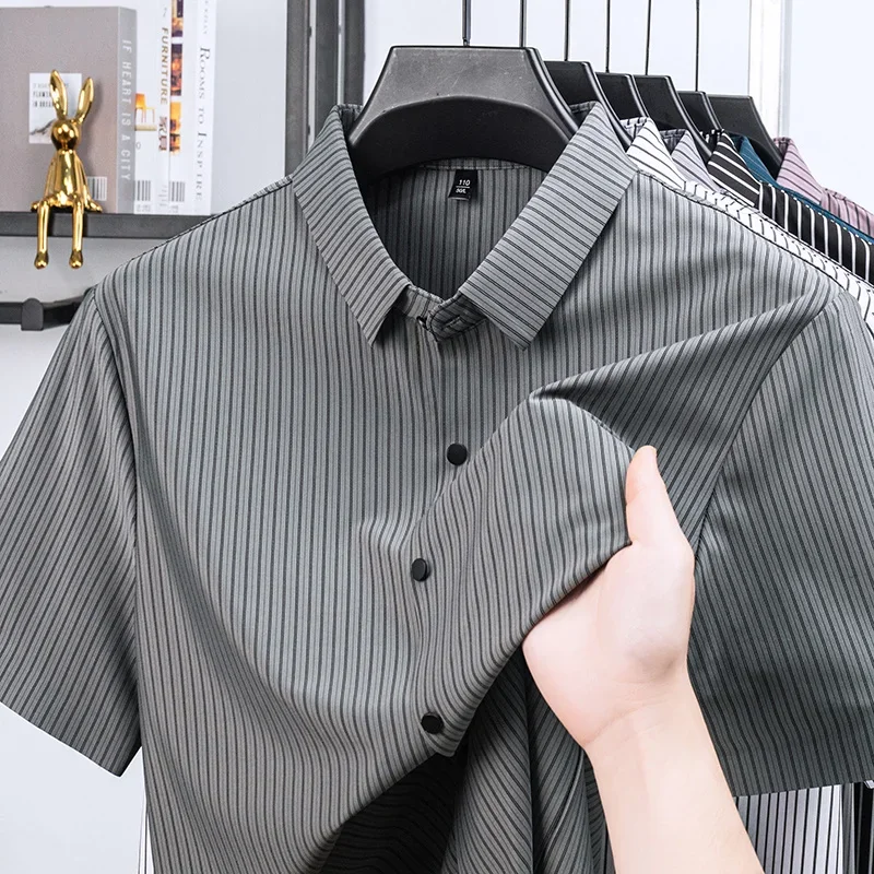

Mens Striped Short Sleeve Shirt Regular Fit Casual Button Up Lapel Collar Comfortable Fabric For Daily All Seasons Wear