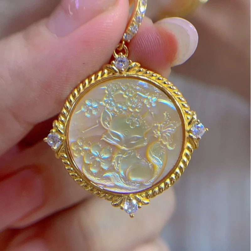 

925Pure Silver Inlaid Shell Cameo Cherry Blossom Fox Necklace with Silver Chain Gift Box Great Gift Choice