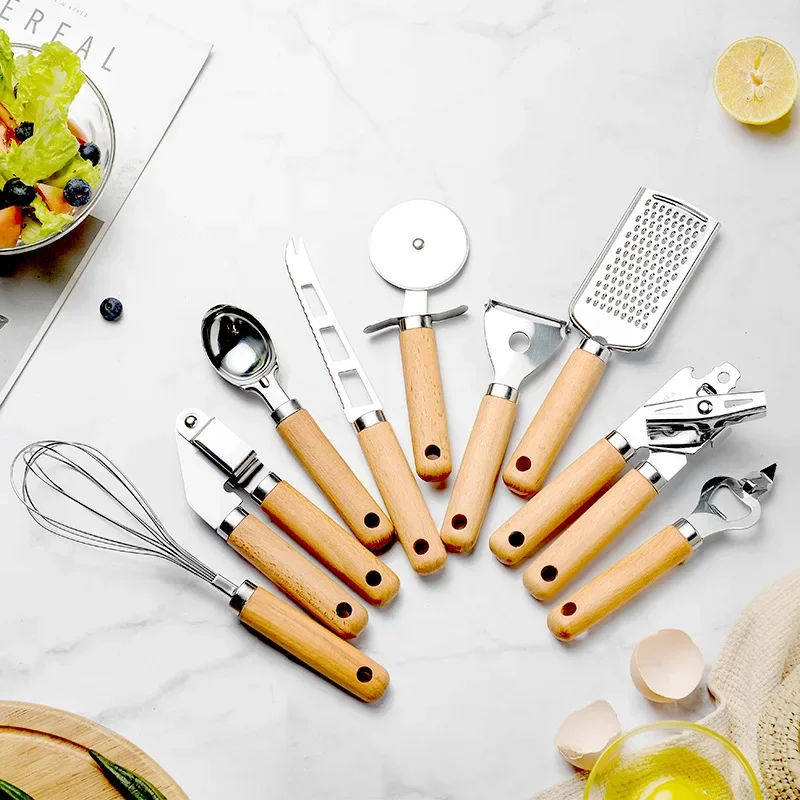 Kitchen Gadget Wooden Handle Stainless Steel Utensils Can Opener Peeler Garlic Press Cheese Grater Whisk Pizza Peeler Egg Beater