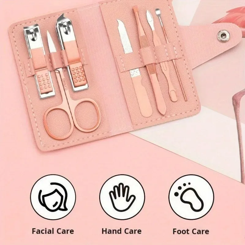 Kit de soins des ongles 7 pièces |   Ensemble de manucure en acier inoxydable avec pince à cuticules et outils pour ongles |   Mallette de beauté de voyage portable