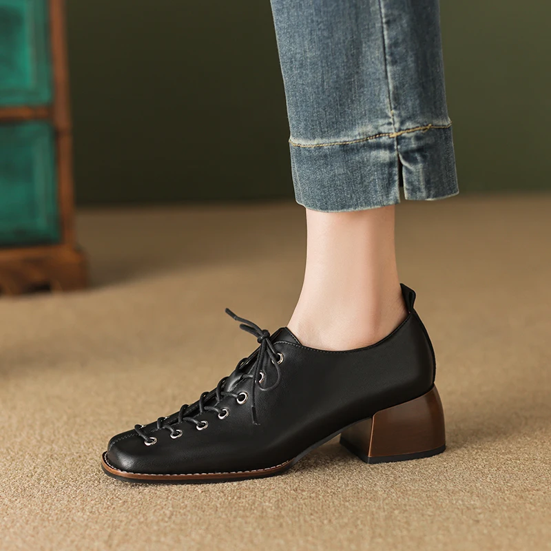 Fashion High Heel Square Toe Women Pumps Genuine Leather Concise Office Ladies Casual Lace-Up Shoes Woman 2023 Spring Summer