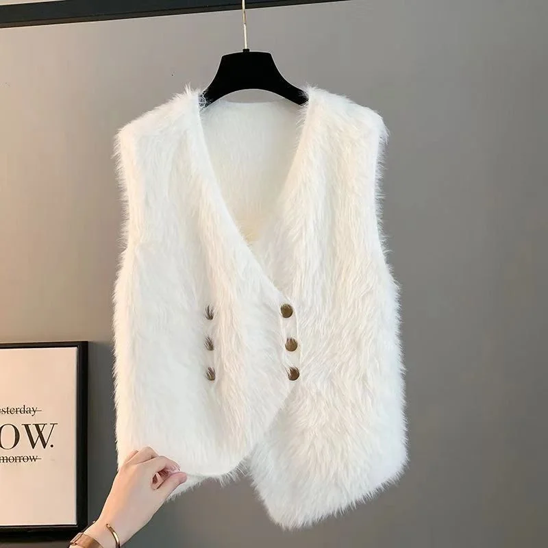 

Fashion Imitation Mink Fur Knitted Vest New 2025 Women's Autumn Winter Sweater Vest Double Breasted Soft Sleeveless Coat Top