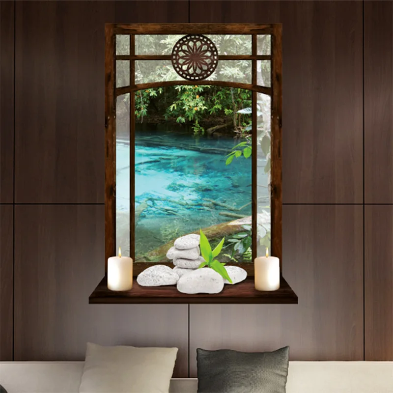 Garden Moonlight Aesthetic Rooms Window Art Green Plants Clear Water Scenery Vinyl Wall Stickers Removable for Home Decoration
