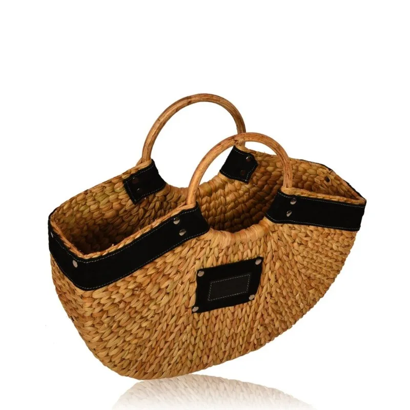 

Handmade Leather Shoulder Straps with Seaweed Semi Circular Basket European and American Fashion Trends