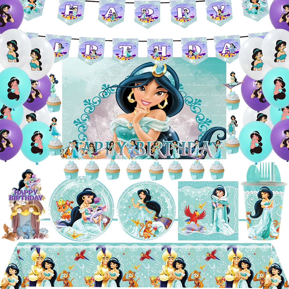 Cartoon Jasmine Princess Aladdin Theme Birthday Party Disposable Set Decor Banner Balloons Baby Shower Supplies For Kids Gift