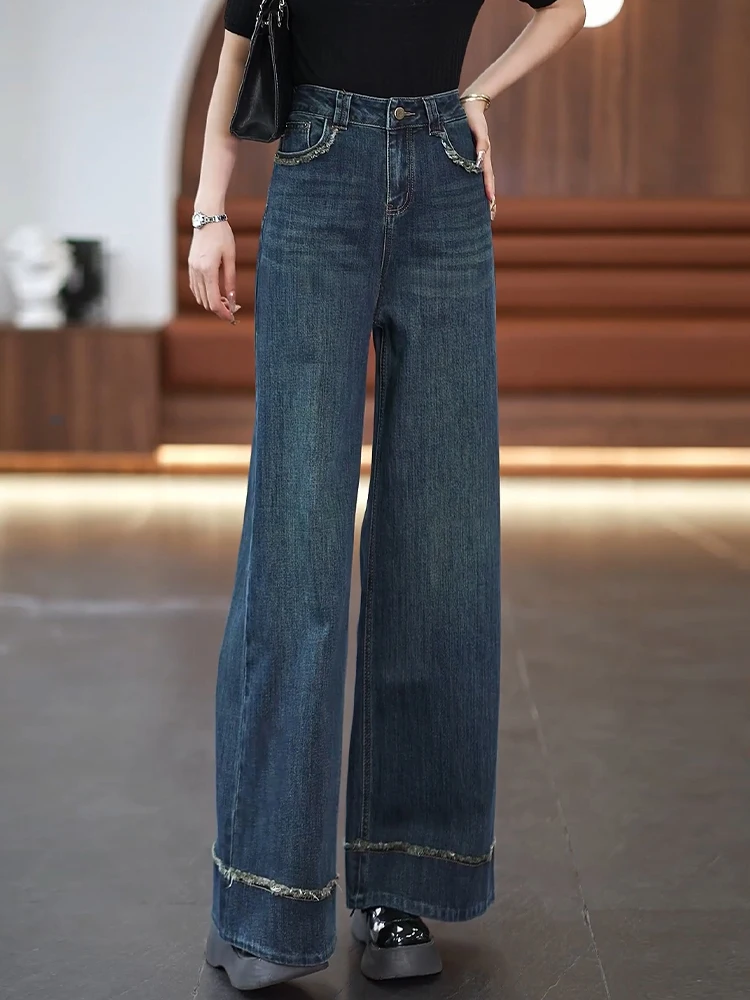 

Deep Blue Wide Leg Denim Jeans Women's Spring Autumn Winter New Small Size High Waist Loose Fleece Nine Point Straight Leg Pants