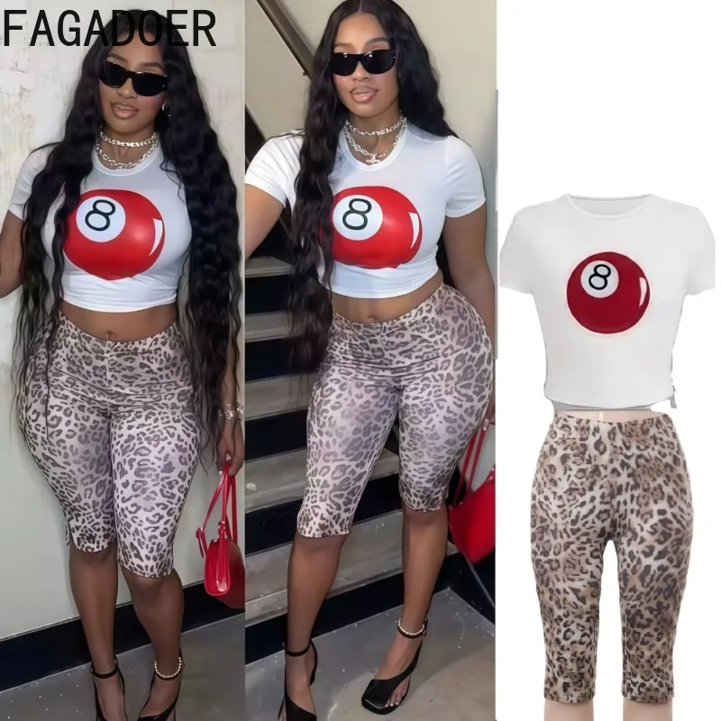 

FAGADOER Y2K Letter printing 2 piece sets woman outfit Short sleeve Slim crop top And leopard print pants suit female streetwear