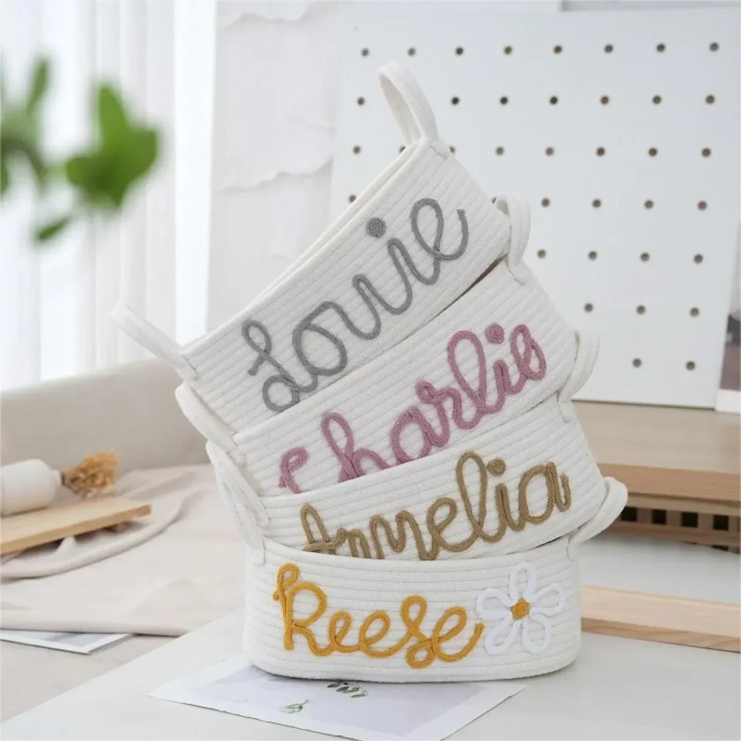 Personalized Baby Name Basket Cotton Rope Basket Diaper Caddy Custom Cotton Rope Room Shelf Storage Basket