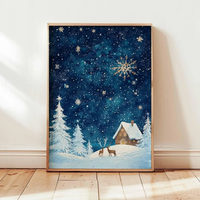 Winter Snow Cabin Canvas Wall Art Unframed Print Dark Blue Starry Sky Deer Snowflake Scene Poster for Christmas Home Decor