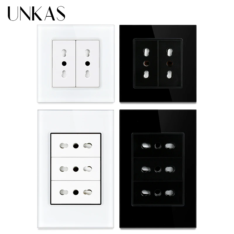 UNKAS Three Italy Two Chile Socket AC 250V Hole 1 2 3 4 5 6 Piece White Black Crystal Glass Panel 16A Power Outlet