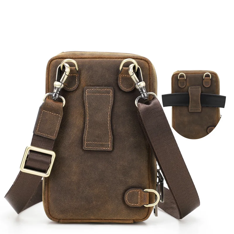 2024 Brand Men Shoulder Bags Crazy Horse Leather Crossbody Bag Casual Waist Pack Fanny Belt Bag For Male Small Phone Pocket