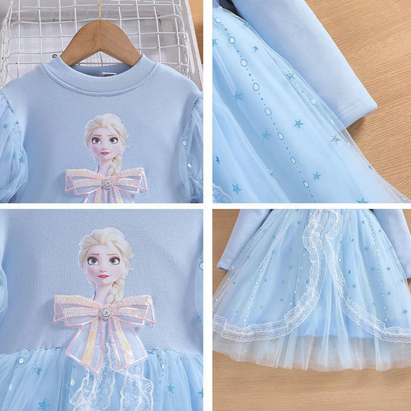 Elsa Kids Dress Party Long-sleeved Princess Dress Girls Dress Winter Plush Children\'s Western Style Frozen Formal Dress 2-8Y