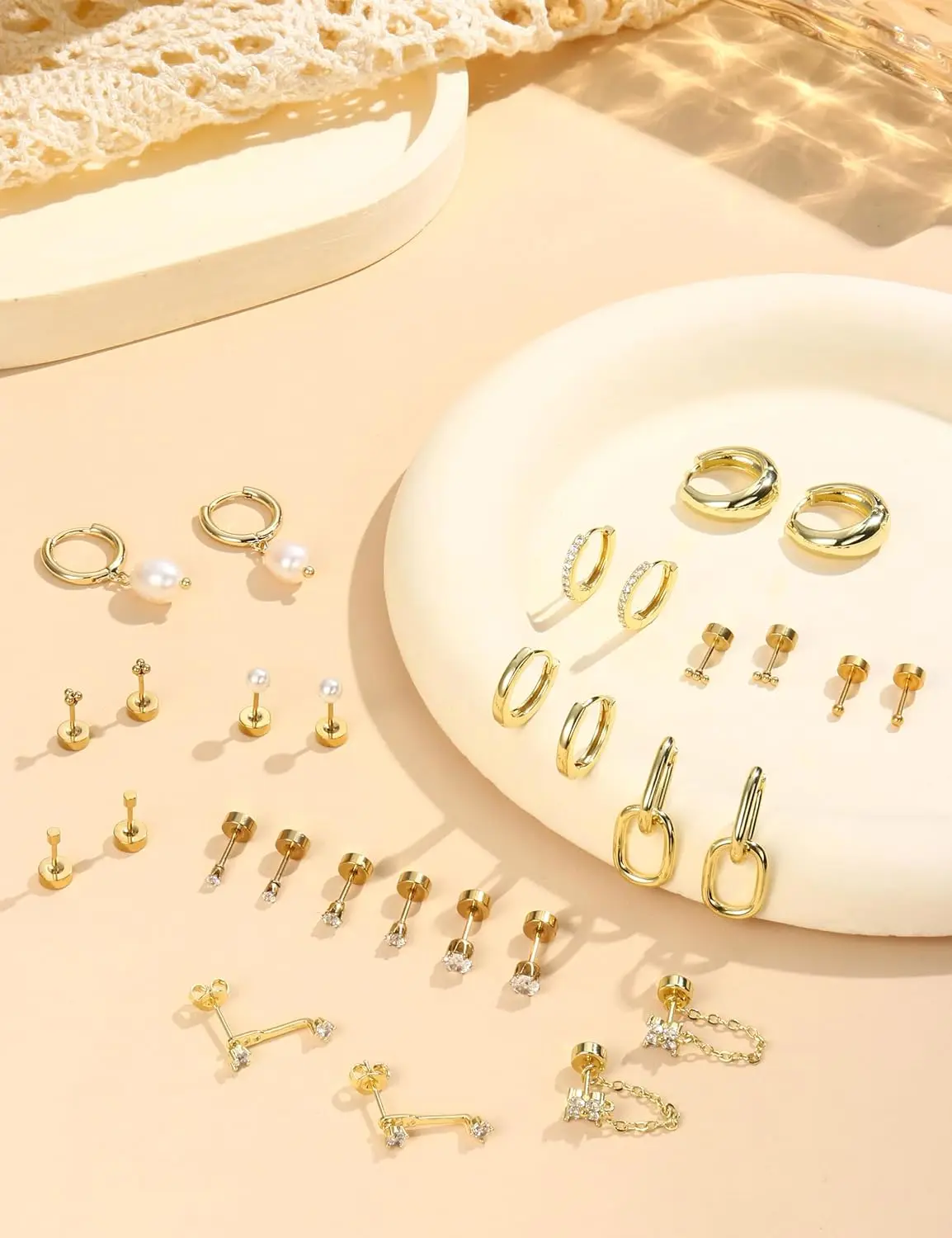 

Bobisty Surgical Stainless Steel Flat Back Earrings for Women Cartilage Earring Stacks 14K Gold Plated Hoop Stud Earring Sets