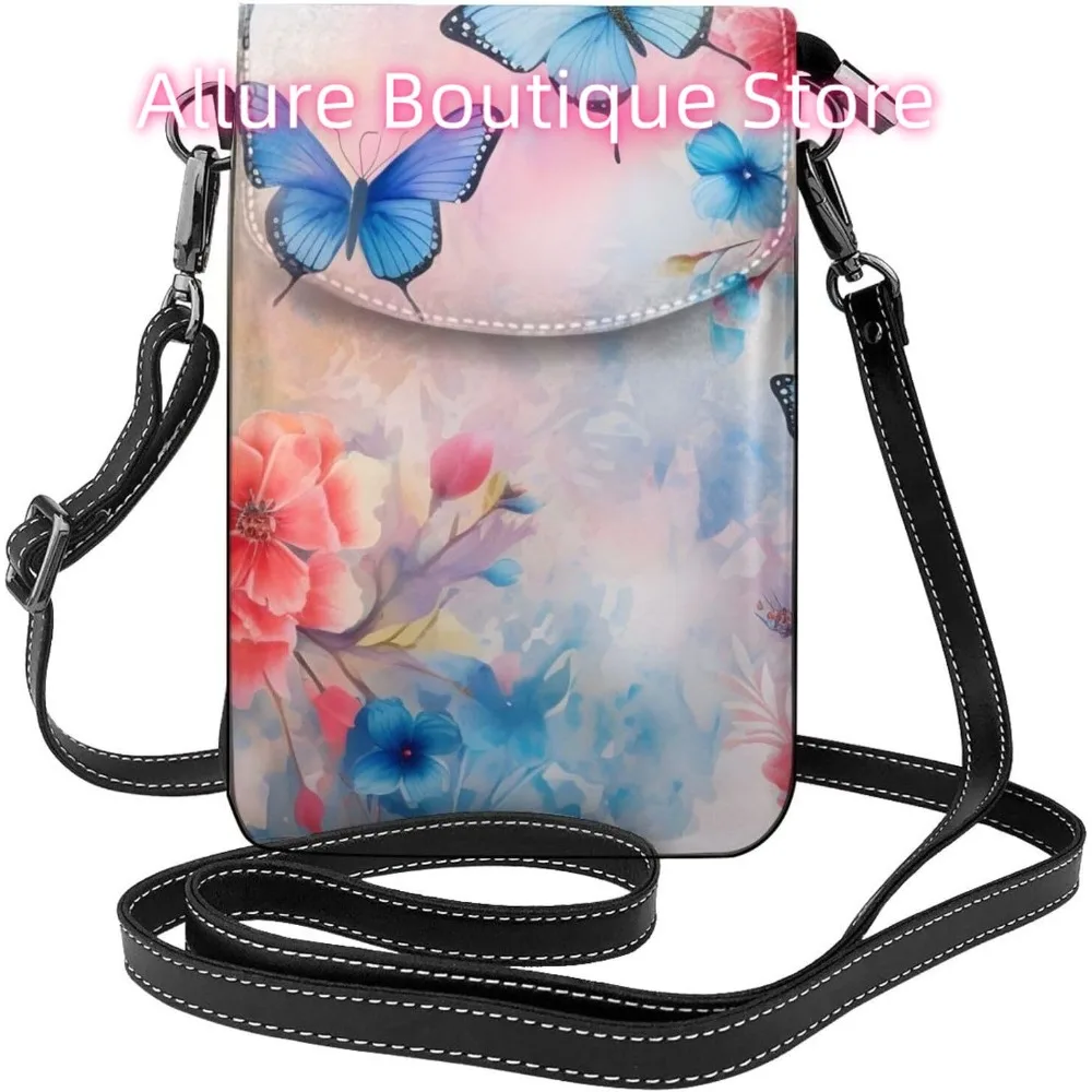 

Colorful Flower Butterflys Crossbody Bag for Women PU Leather Small Travel Cell Phone Pouch Lightweight Mini Phone Purse Wallet