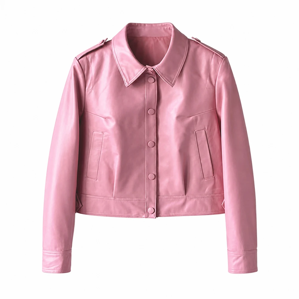 Women Real Sheepskin Leather Jacket Lapel Short Single Breasted Slim Fit Moto Biker Coat Chic Genuine Leather Cropped Outerwear