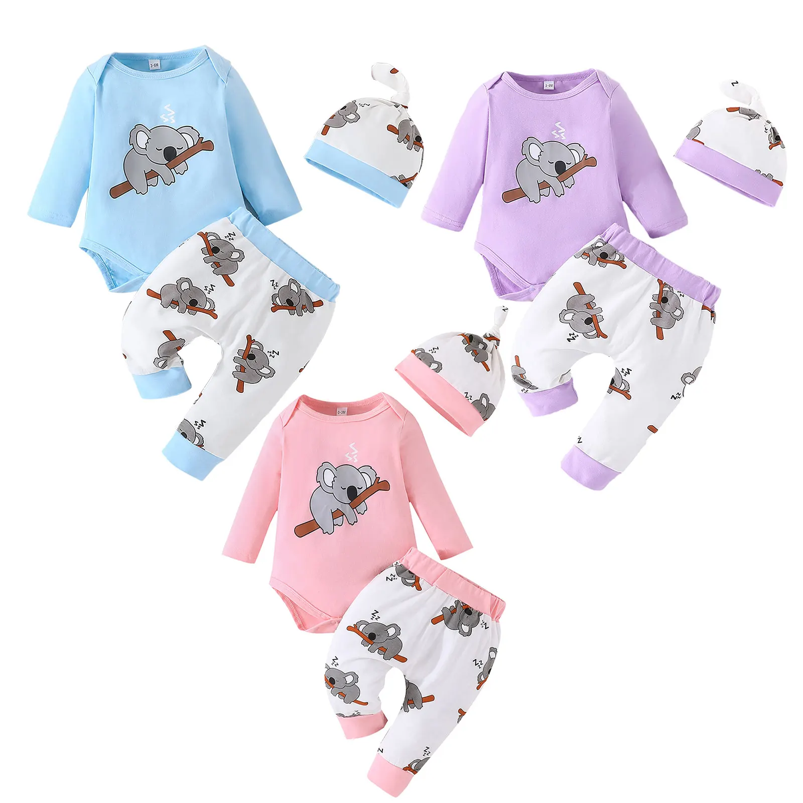 

Infant Baby Girl 3 Piece Clothes Outfits Koala Print Long Sleeve Rompers and Casual Pants Beanie Hat Set