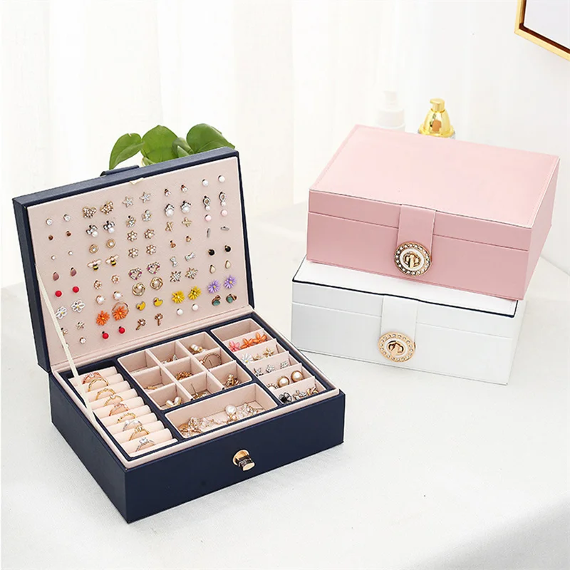 Fashion Jewelry Storage Box Double-layer PU Leather Large Capacity Earrings Bracelet Necklace Rings Jewelry Case Organizer