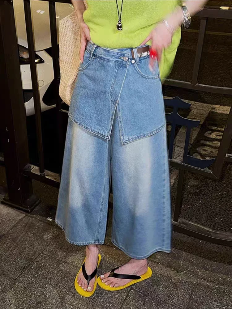 

Retro blue fake two piece jeans for women in summer loose fit high waist slimming straight leg wide leg eight cropped pants