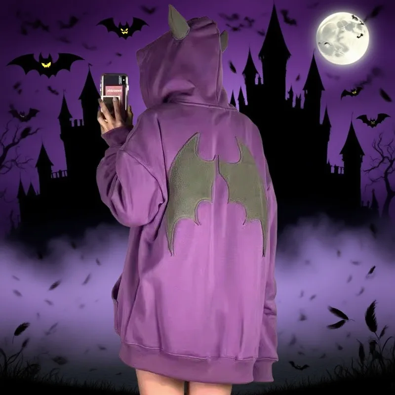 

Женские толстовки в стиле Y2K, готические толстовки с капюшоном с рогами маленького дьявола, свободный пуловер с карманами и крыльями демона, одежда на Хэллоуин