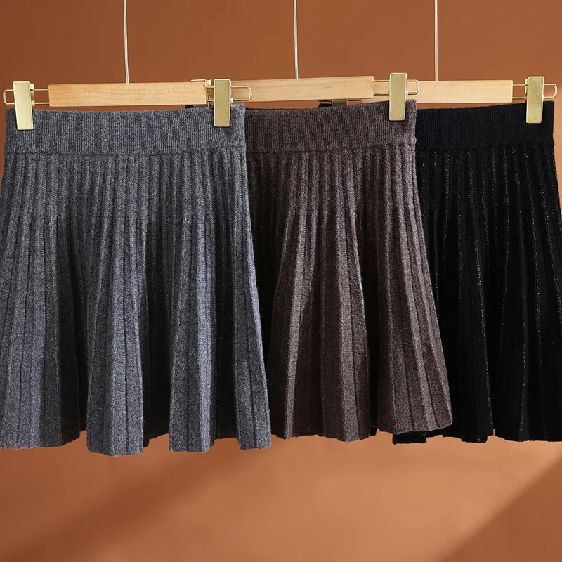 

Women 100% Merino Wool Pleated Skirt Bright Silk Decoration Elastic Waist Mini A-Line Skirt Autumn Winter Knitted Umbrella Dress