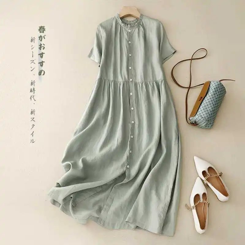 Summer Cotton Linen Maxi Dress for Women Solid O-Neck Short Sleeve Streetwear Single-breasted Long Dresses Party Vestidos Robe