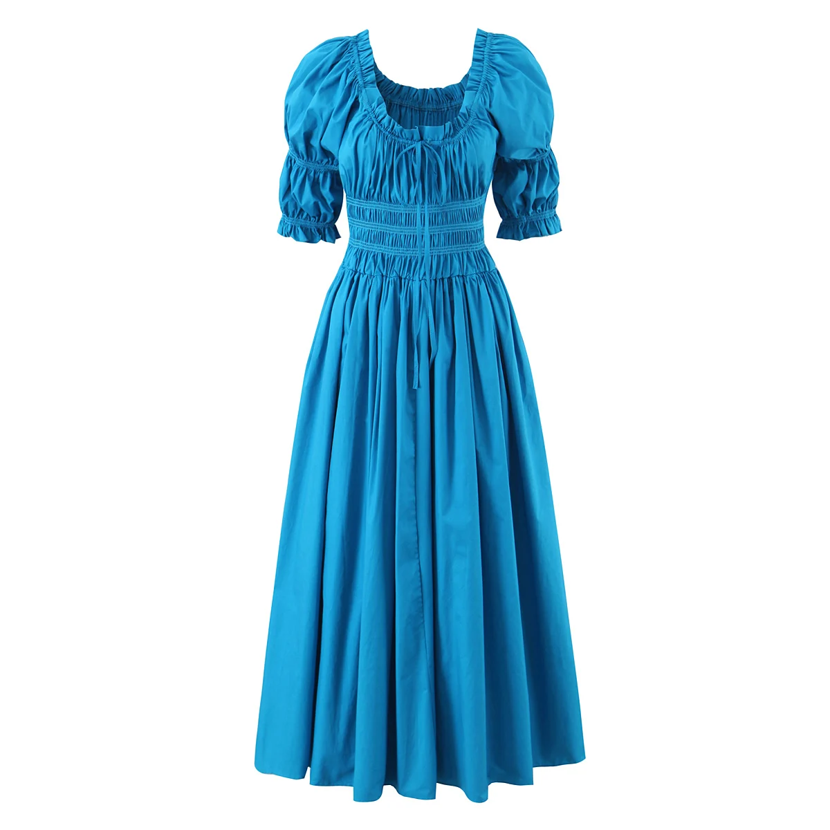 BOHO Houten oren Ruches Borst Boog U kraag Bladerdeeg Mouw Jurk Elastische Hoge Taille Geplooide Swing Midi Lange Jurken Vakantie Vestidos