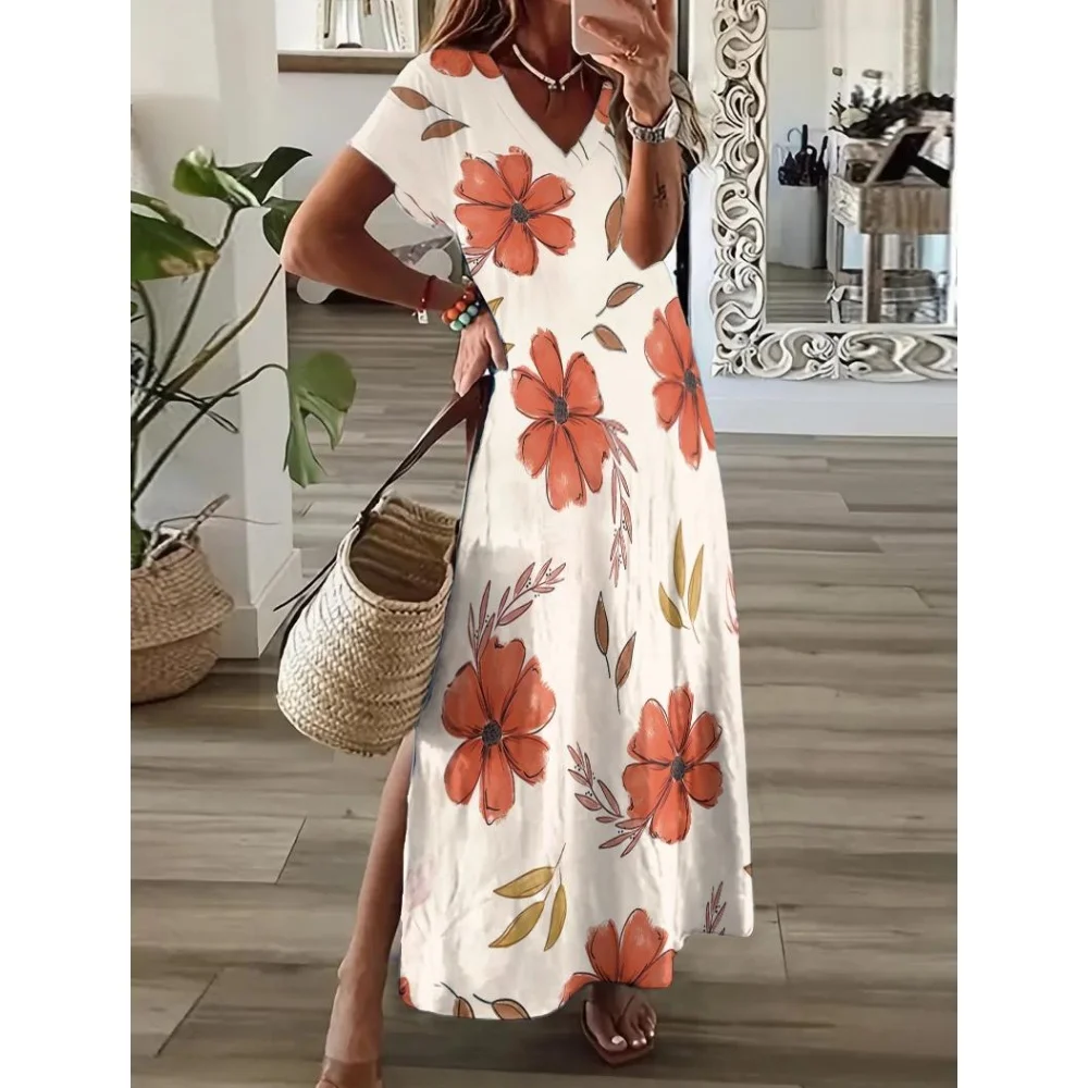 

Fashions Slit Short Sleeves Long Dress Flowers Print Loose Oversize Clothing Party Elegant Summer V-Neck Womens Dresses 2024 New