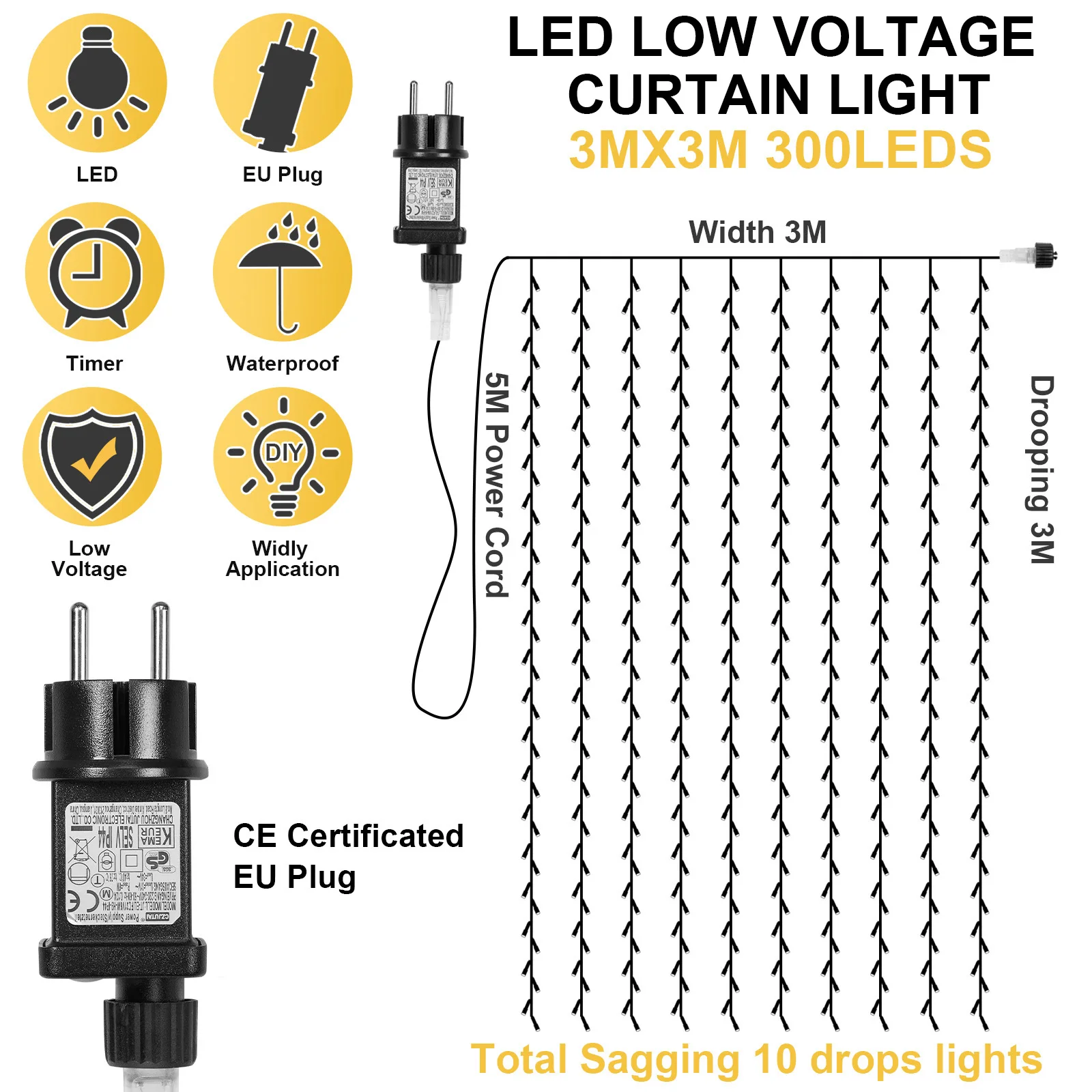 3M LED Garland Curtain Lights Plug in 8 Modes Christmas Icicle String Fairy Lighrs Timer Waterproof Garden Xmas Indoor Decor