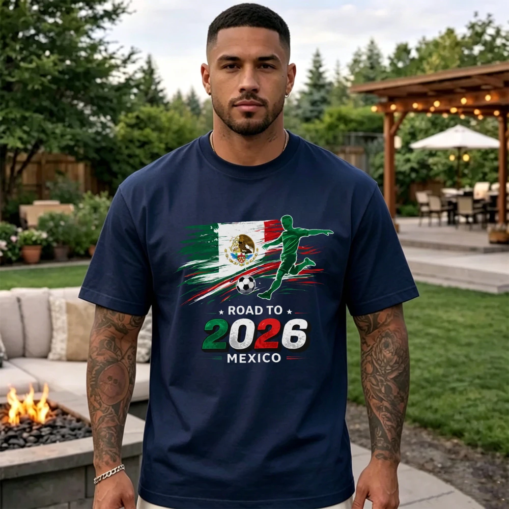Men's Cotton Crew Neck Tee Road To 2026 Mexico Soccer Player Kicking Flag Graphic Vintage Style Sport Fan Support Tops