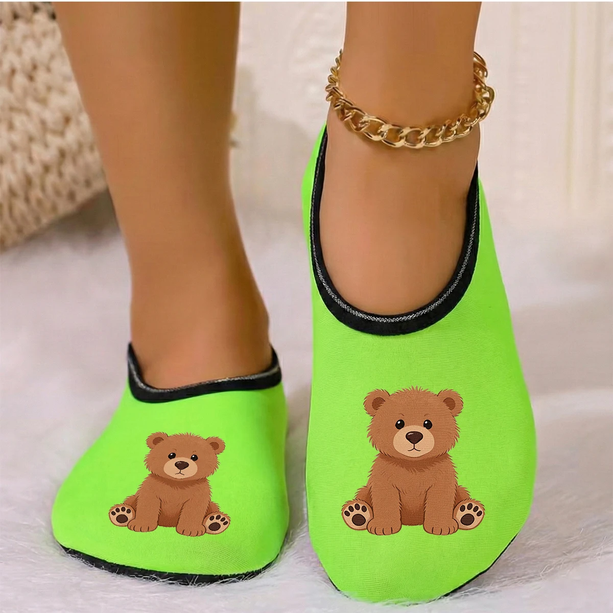 Women's Cute Face Design Plush Lined Breathable High Elastic Indoor Slippers, Suitable for Home, Beach, Yoga