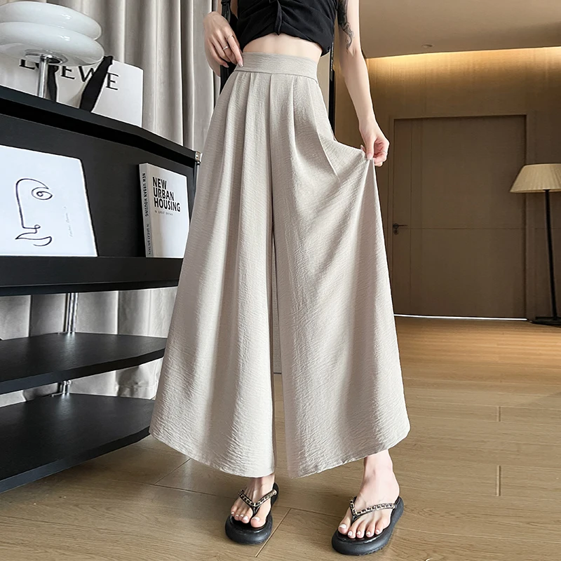 2024 New Arrival Summer Women All-matched High Waist Thin Soft Ankle-length Pants Casual Loose Elastic Waist Wide Leg Pants V21