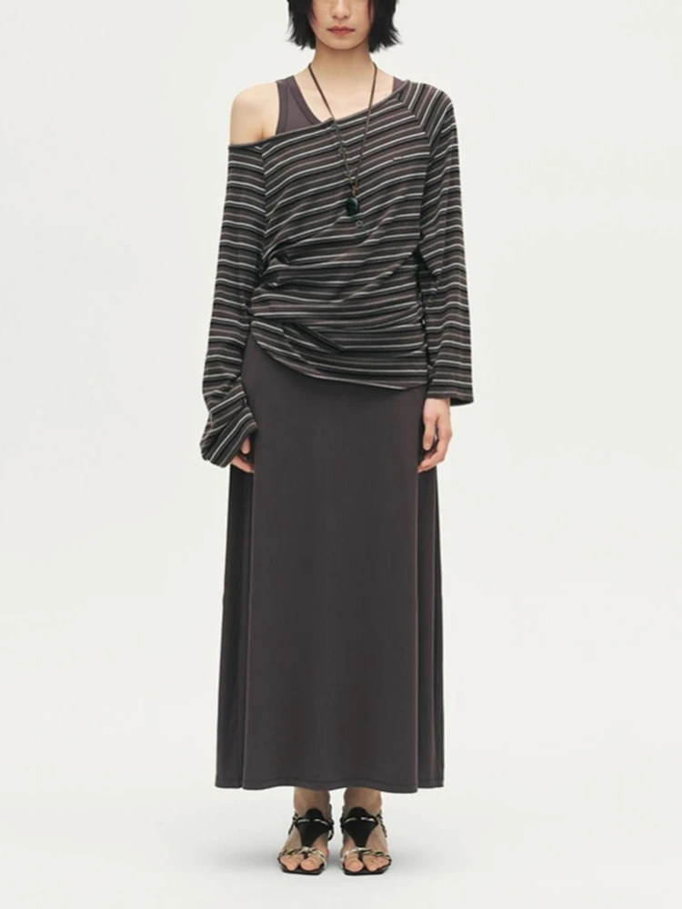 Herfst 2025, nieuwe stijl gestreepte T-shirtjurk met lange mouwen, tweedelige set losse, casual lange jurk voor dames