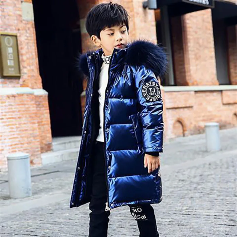 2024 Winter New Teen Boys Jacket Solid Color Thick Keep Warm Hooded Parkas For -30℃ 5-12Y Kids Big Fur Collar Cotton Snowsuit