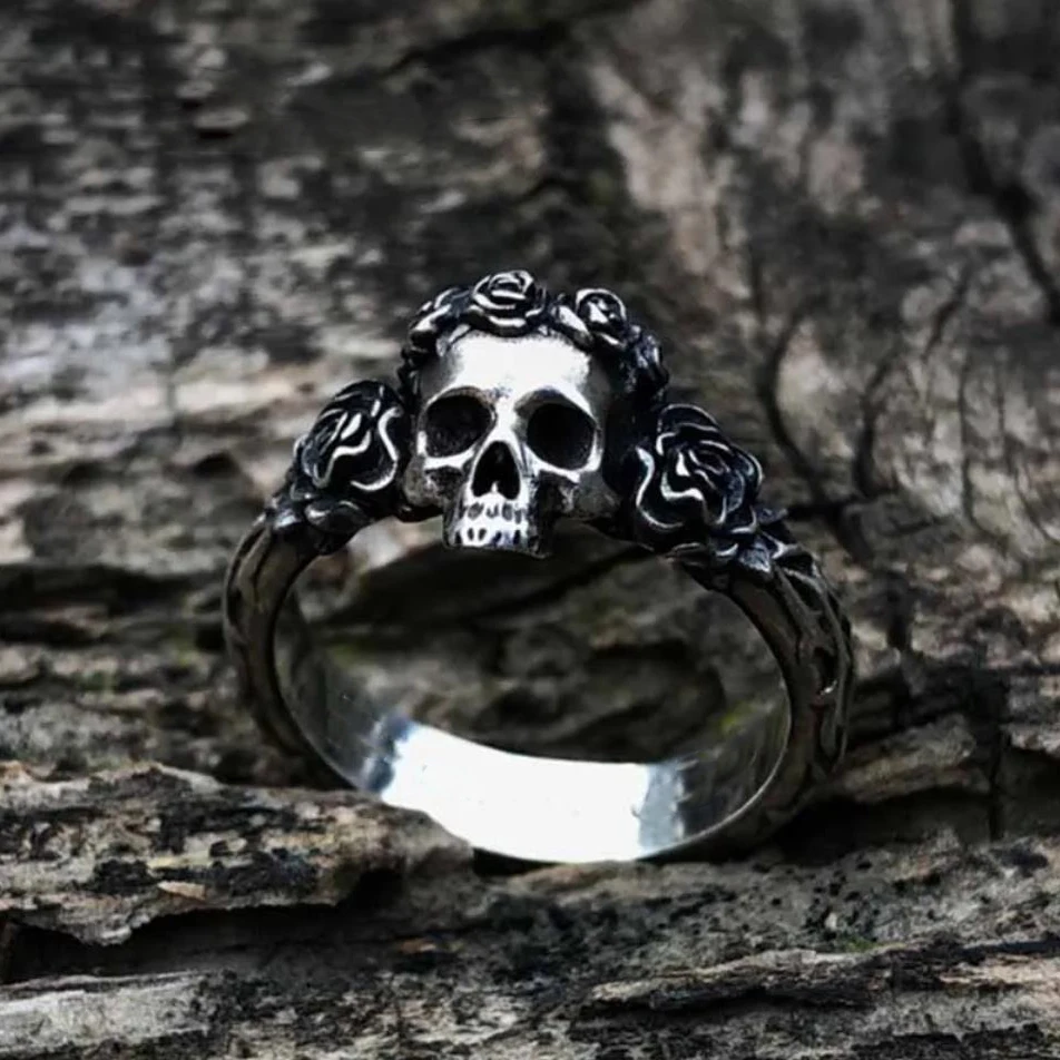 Unique Black Mens Flower Skull Ring 316L Stainless Steel Heavy Rings for Men Male Bijoux Punk Biker Fashion Party Jewelry