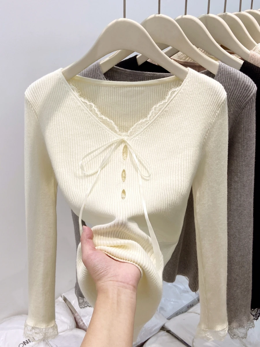 

Korean Basic Hollow High Quality V Neck T-shirt for Women Elegant Slim Top All-match Women's Half Turtleneck Long Sleeve M601