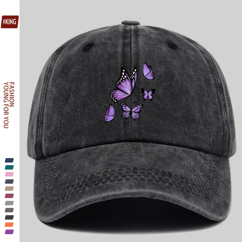 Nowa Prosta Uniwersalna Czapka Bejsbolówka z Nadrukiem Motyla, Prany Styl Vintage, Miękka, z Daszkiem Chroniącym przed Słońcem, Unisex