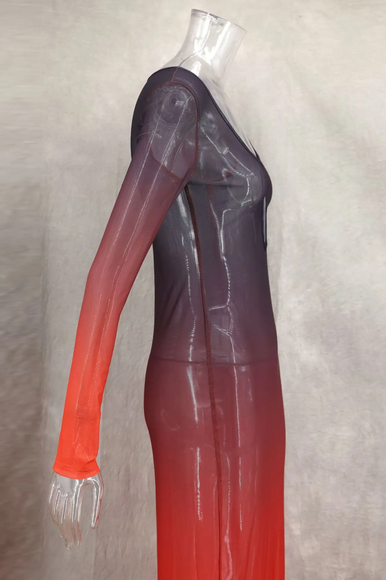 Vestido largo de verano degradado para mujer, vestido playero de malla transparente Sexy, vestido Maxi ajustado recortado de manga larga