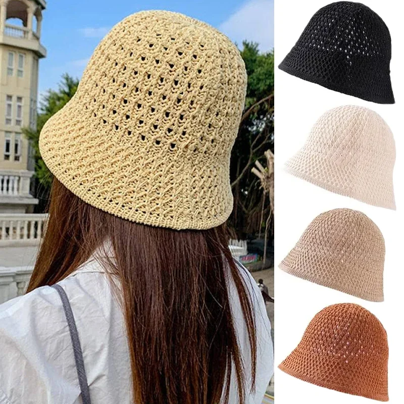 Wide Sun Hat Brim Floppy Summer Hats for Women Beach Panama Straw Dome Weave Bucket Hat Hollow Out Female Hat Knitted Women Hats