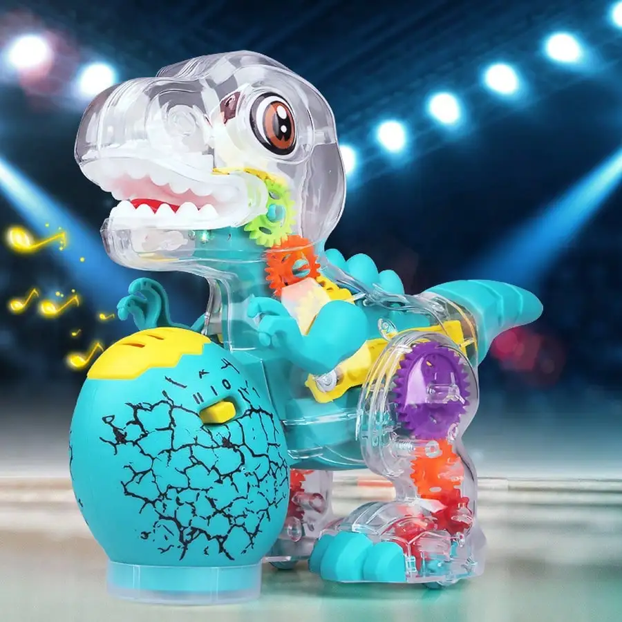 Electric Dinosaur Toy Car for Kids Robot Pet Universal Wheel Bump and Go Swing Toy Transparent Gear with Lights and Music