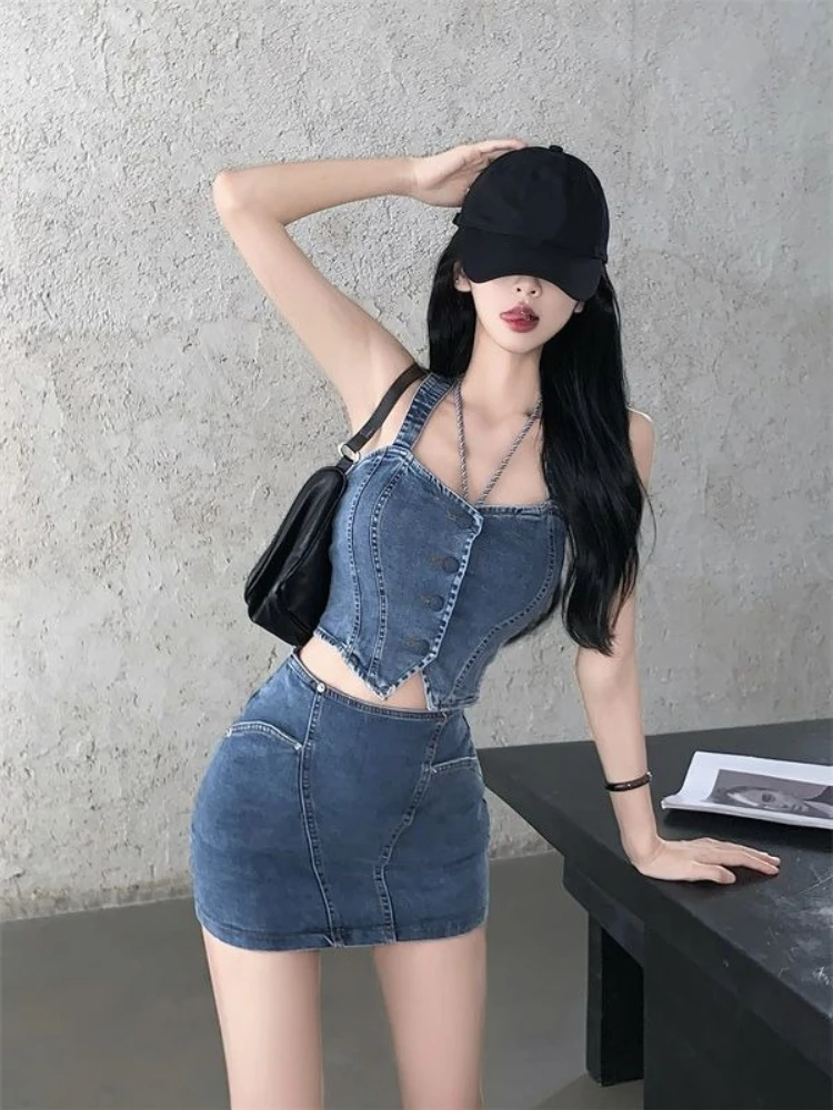 

2026 Summer New Arrival Women Denim Set Design Sense Niche Vest Bodycon Mini Skirt Two Piece