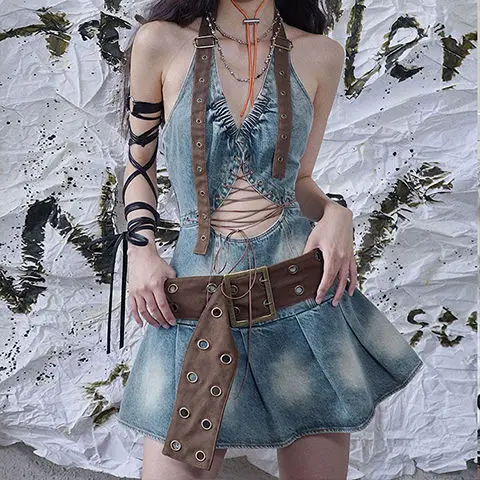 

Dress Denim Hollow Strap Short Hot Girl American Niche Temperament Super Cool Niche Design Pleated Dress