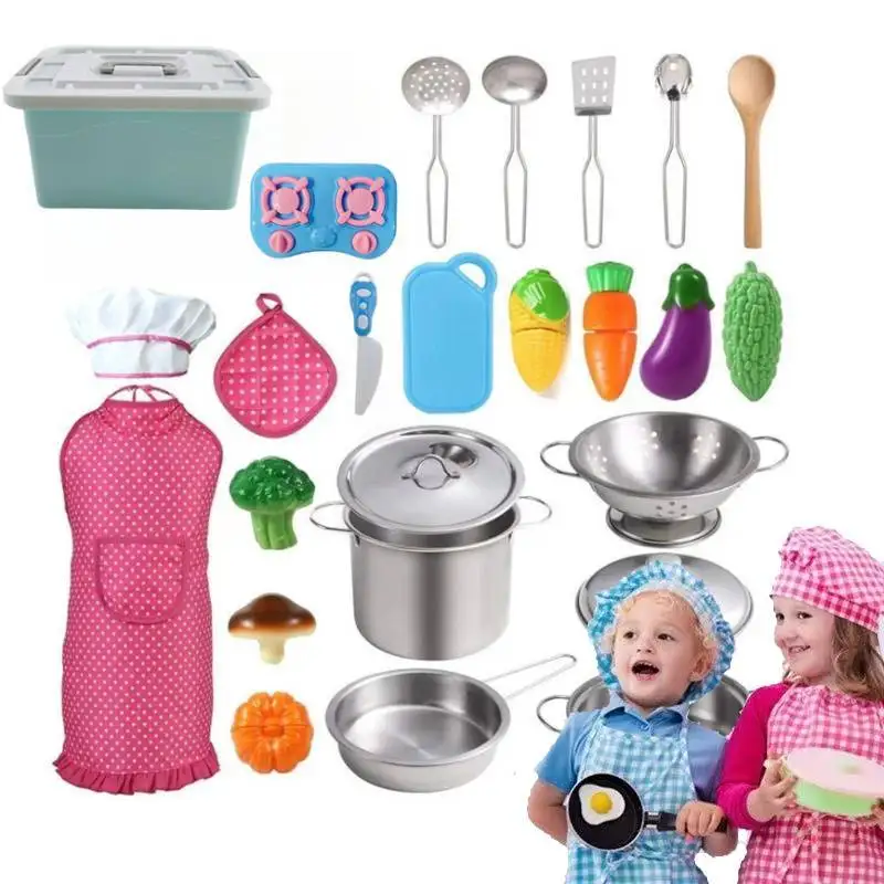 Kitchen Toy Set Simulation Cookware Cooking Utensils Apron Pot Pretend Playset Stainless Steel Pot Pan Cooking Utensil Tool Toys