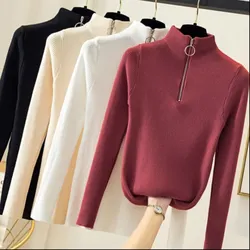 Knitted Women Zipper Half High Neck Sweater Pullovers Autumn Winter Basic Women Sweaters Slim Knitwear Pull Femme Tops