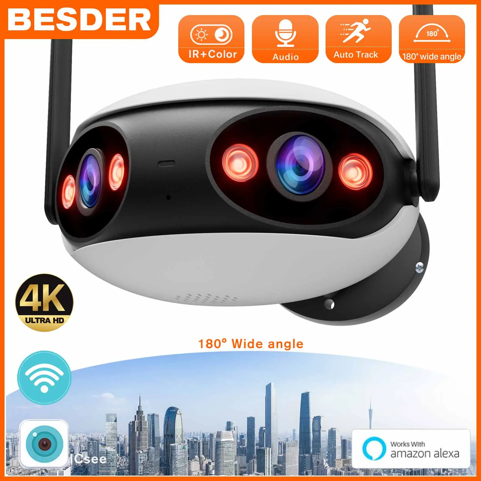 BESDER 8MP Wifi Camera 4K 180 Panoramic Outdoor Camera 2 Way Audio Wireless CCTV IP Camera IR Version Home Surveillance Camera