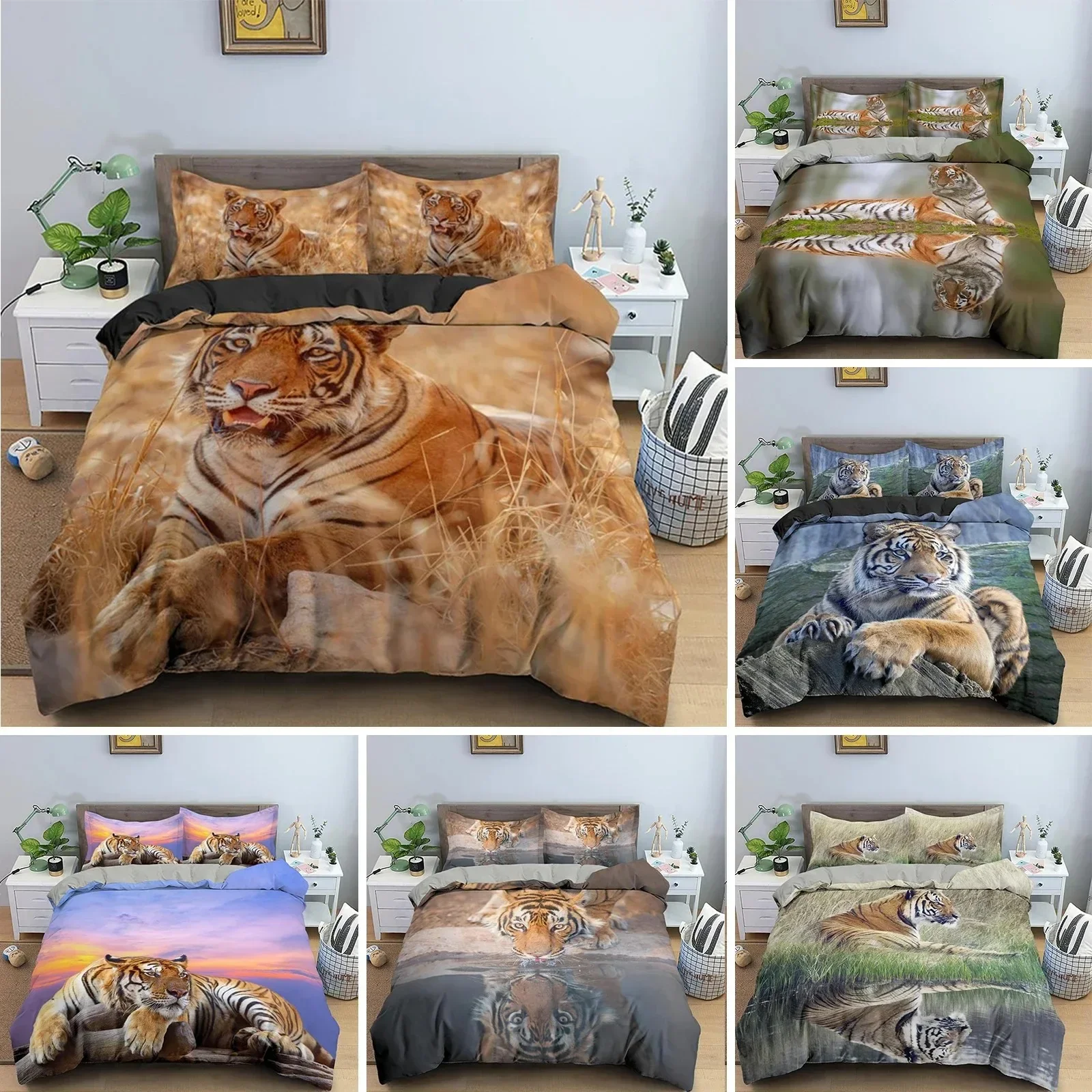 

Tiger Duvet Cover Set King Size Wild Theme Bedding Set Animal Pattern Comforter Cover Animal Theme Sunset Polyester Quilt Cover