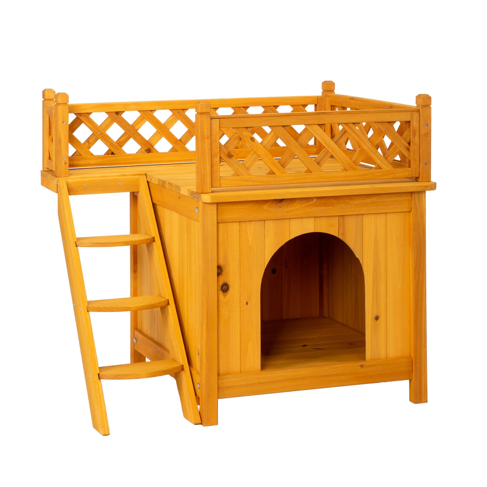 2-Story Wooden Feral Cat House Dog House for Outdoor and Indoor, Pet House with Stairs, Yellow