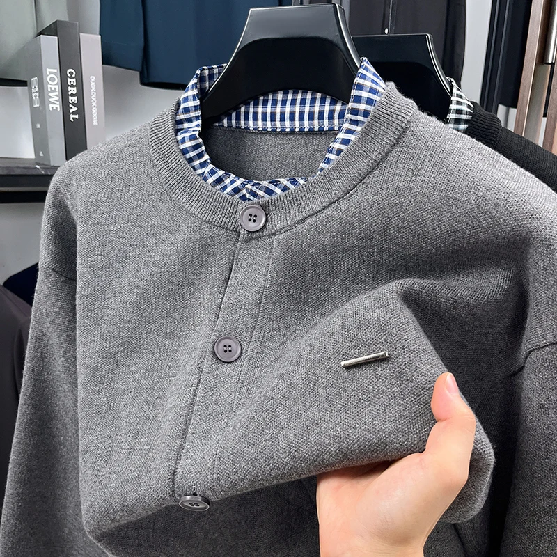 Men's Autumn Winter Long Sleeves False Two-Piece Knitwear Britain Keep Warm High Quality Sweater Leisure Trend Men's Clothing