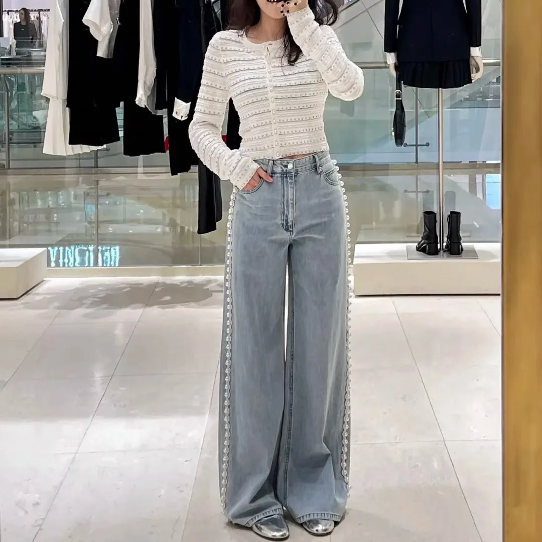 Ele Wit Gebreid Zwaar Verfraaid Open Vest High-End Versie Europese Sle Dames Faion Topklasse Parels Decora...