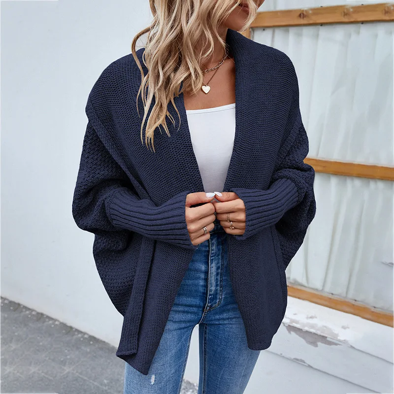 Women Autumn and Winter Fashion New Scarf Collar Cardigan Sweater Solid Color Leisure Versatile Mid-length Batwing Sleeve Coat